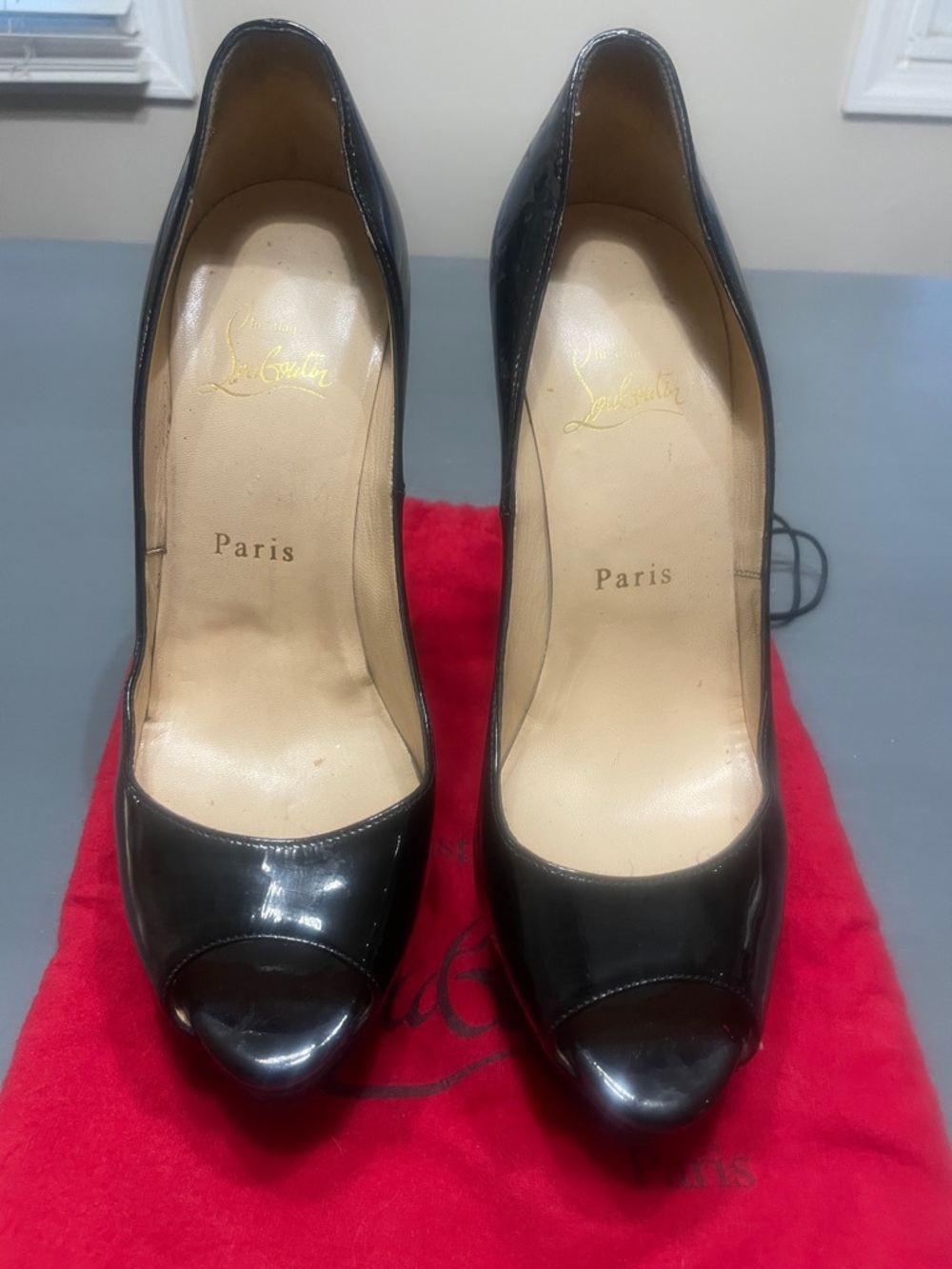Christian Louboutin Black Patent Leather Peep-Toe Heels